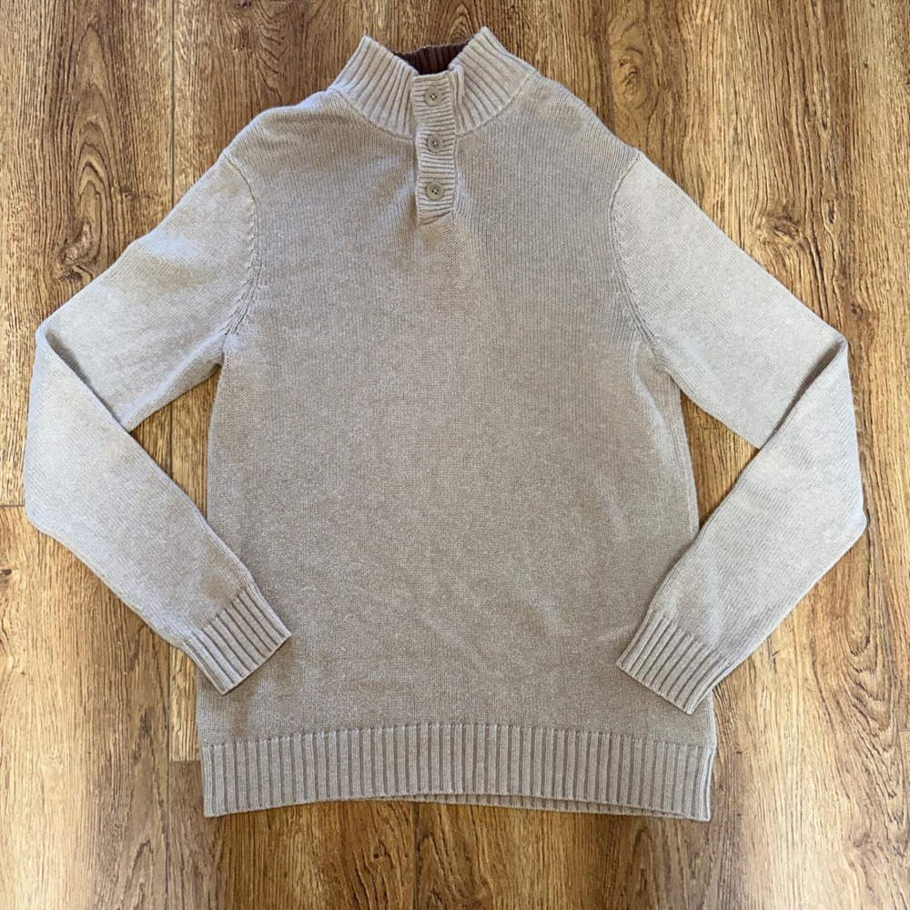 Old Navy Mens M Tan Beige 100% Cotton Mock Neck Button Henley Sweater preppy y2k